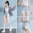 デニム ショートパンツ レディース ダメージ ハイウエスト 夏 ゆったり 着瘦せ 履きやい グレー 青 黒 カジュアル シンプル おしゃれ