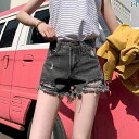 デニム ショートパンツ レディース ダメージ 夏 ハイウエスト 薄手 大きめサイズ 履きやい ポケット ボタン 青 グレー カジュアル おしゃれ