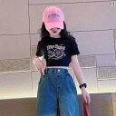 へそ出し トップス キッズ 女の子 半袖 Tシャツ ジーンズ パンツ セットアップ 夏 デニム ショート ラウンドネック クロップド ワイド ダンス ヒップホッ...