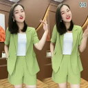 セットアップ レディース ショートパンツ ジャケット ボトムス トップス 大きめサイズ 半袖 夏 薄手 ワイドレッグ ゆったり 無地 鮮やか シンプル カジュアル 緑 ピンク 黒(4)