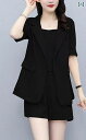 セットアップ レディース ショートパンツ ジャケット ボトムス トップス 夏 3点 大きめサイズ シングルブレスト 着回し シンプル おしゃれ 黒 アプリコット 紫