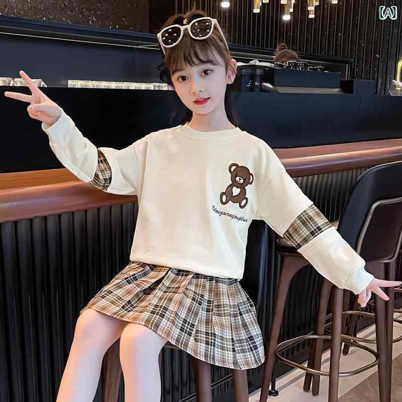 女の子 キッズ プリーツスカート 春秋 子供服 2点セット カジュアル トレーナー 韓国 ショッピング 柔..