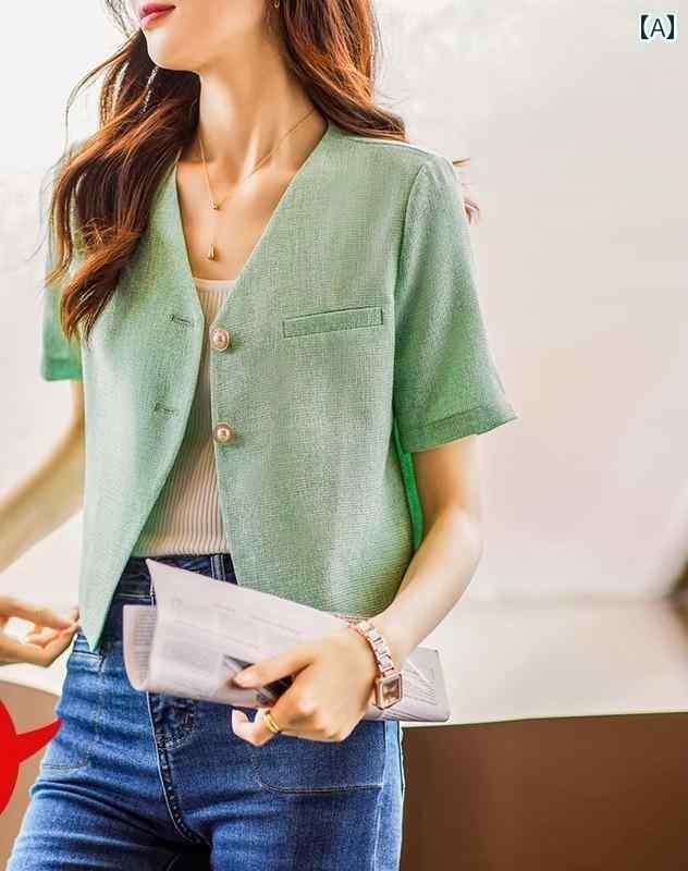 ノーカラージャケット レディース 夏 薄手 半袖 きれいめ エレガント Vネック シングルブレスト ショート スリムフィット ボタン 大きめサイズ 緑 黒 アプリコット