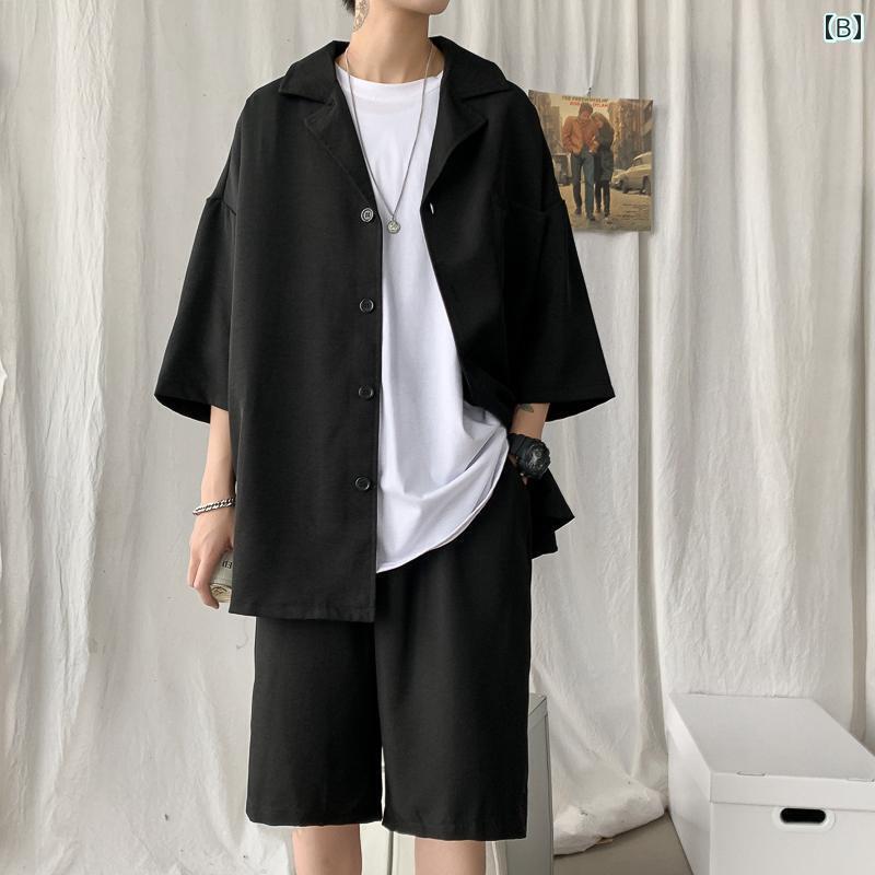 セットアップ メンズ 夏 半袖 シャツ 大きめサイズ ゆったり ボタン ポケット ハーフパンツ 韓国 グレー 黒 カジュアル シンプル おしゃれ
