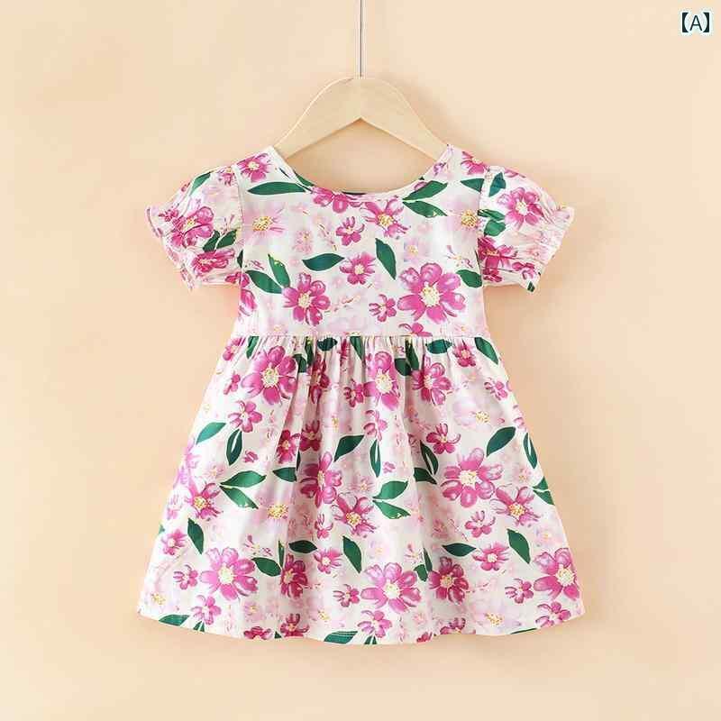 ワンピース 女の子 春夏 韓国 キッズ 子供服 半袖 綿 Aライン 膝上丈 ラウンドネック ショッピング カラフル かわいい 花柄 羊 紫 黄 赤