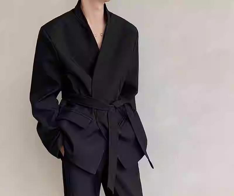 メンズ ジャケット スタンドカラー 春 きれいめ スタイリッシュ ボタン ゆったり 普段使い 長袖 腰ベルト 無地 シンプル 黒 コーディネート