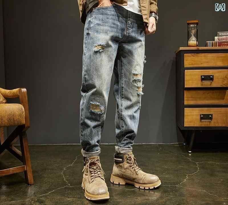 ダメージ ジーンズ メンズ 春秋 テーパード ロングパンツ ポケット ゆったり 耐摩耗 ソフト レトロ ストリート アメリカン 青 大きめサイズ