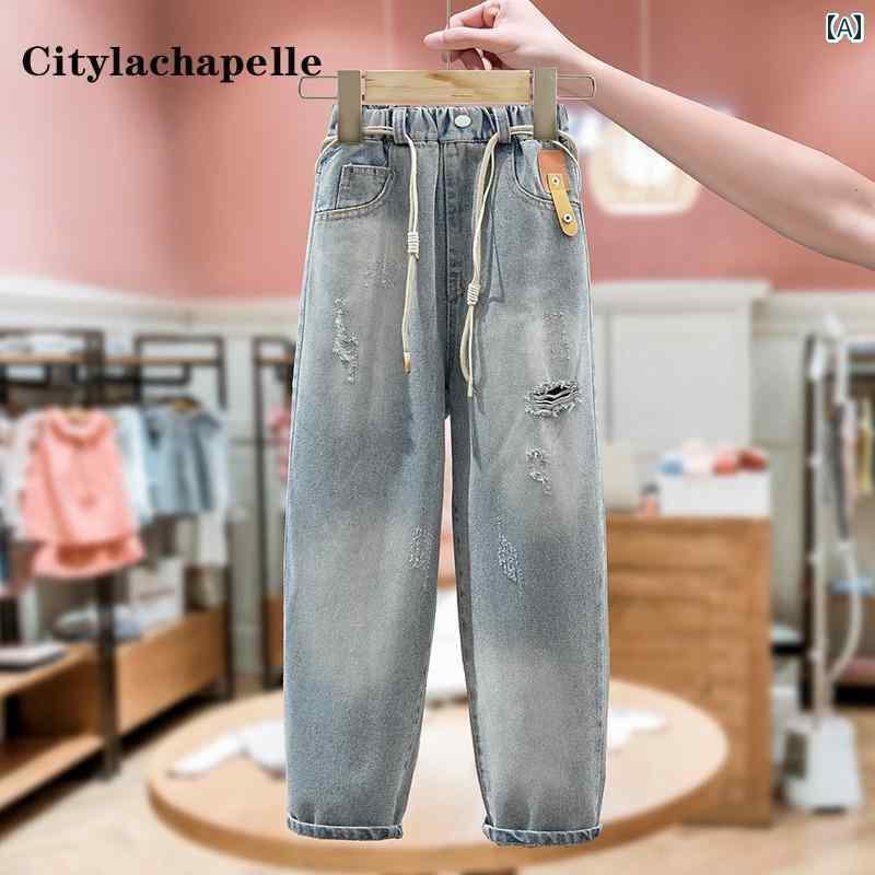 ダメージジーンズ キッズ 女の子 子供服 ストレート おしゃれ 春 ウエストゴム 青 カジュアル コーディネート ゆったり ポケット ナチュラル