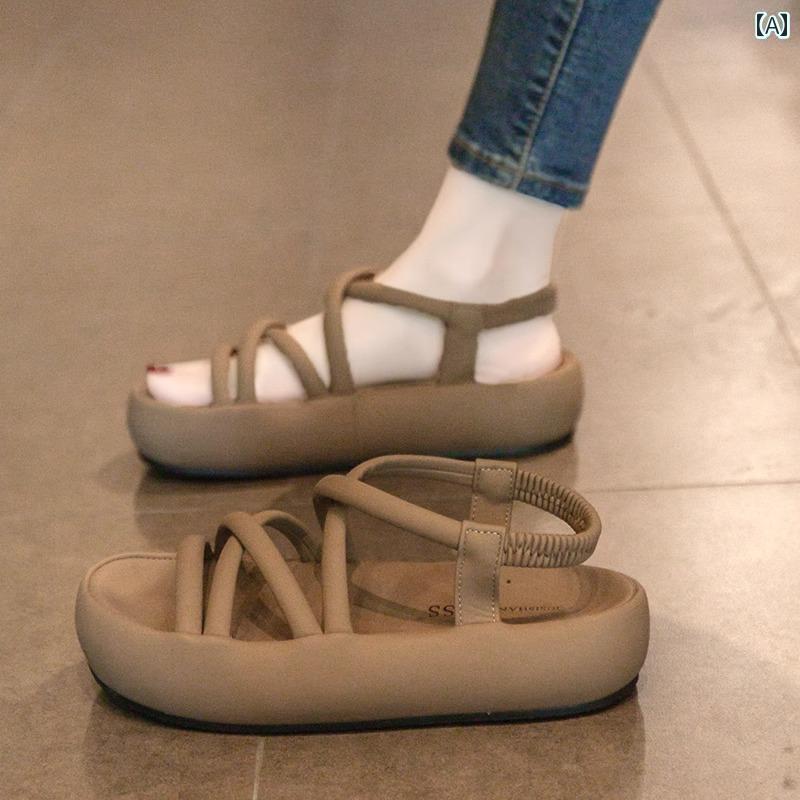 レディース サンダル 歩きやい おしゃれ レディース 夏 厚 ソフト フラット ラバー ソール オープントゥ ストラップ ゴム 履きやい カーキ アイボリー 黒