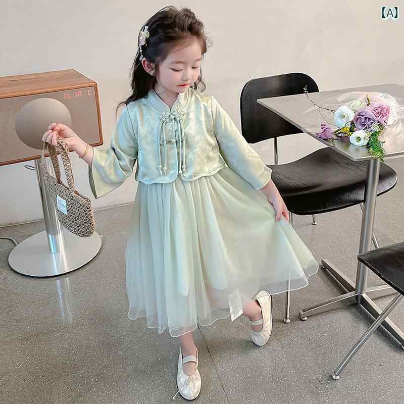 ワンピース 女の子 夏 チャイナ風 漢服 レトロ スタンドカラー 七分袖 背中ファスナー Aライン チュー..