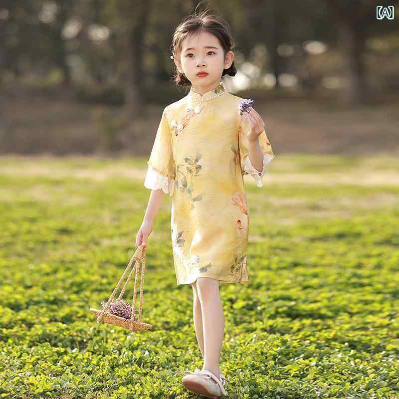 ワンピース 女の子 キッズ チャイナ風 漢服 夏 スタンドカラー 袖レース 半袖 ビジュー 膝丈 レトロ 黄 葉模様 鯉 ポリエステル