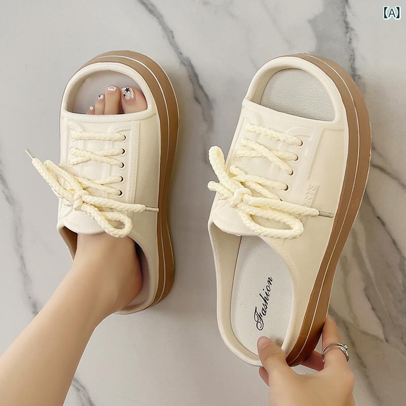 かかし サンダル レディース レースアップ オープントゥ ヒール 夏 厚 シンプル かわいい 普段使い 滑..