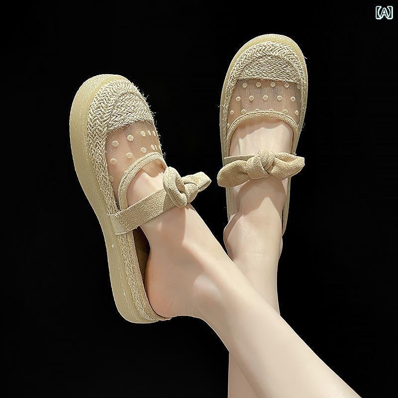 かかし シューズ レディース 夏 サンダル キャンバス ドット リボン 透け感 ローヒール フラット メッ..