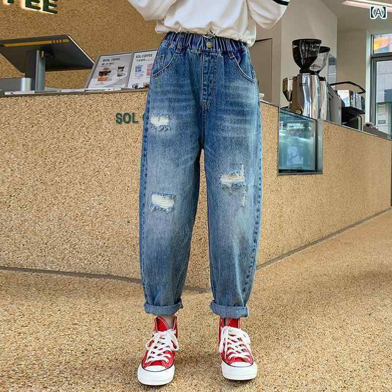ダメージジーンズ キッズ 女の子 韓国 春秋 大きめサイズ ウエストゴム ポケット 履きやい カジュアル ..