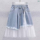 デニムスカート キッズ 女の子 夏 ダメージ ウエストゴム ポケット レース チャーム 大きめサイズ 上下セット トップス Tシャツ 青 白 紫 花柄 英文字プ...