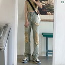 ダメージデニム レディース ジーンズ 春夏 ストレートパンツ レトロ ハイウエスト カジュアル おしゃれ ショッピング 旅行 青