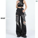 ダメージジーンズ ワイド レディース ハイウエスト ストレート ゆったり 春夏 デニム カジュアル おしゃれ クラッシュ加工 黒 ショッピング 旅行