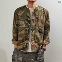 メンズ ノーカラージャケット レトロ 大きめサイズ ゆったり ボタン ポケット 長袖 薄手 速乾 カーキ 緑 迷彩 カジュアル シンプル