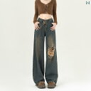 ダメージジーンズ ワイド レディース 春夏 ゆったり レトロ ハイウエスト クラッシュ加工 デニム カジュアル おしゃれ ボトムス ショッピング 旅行 青