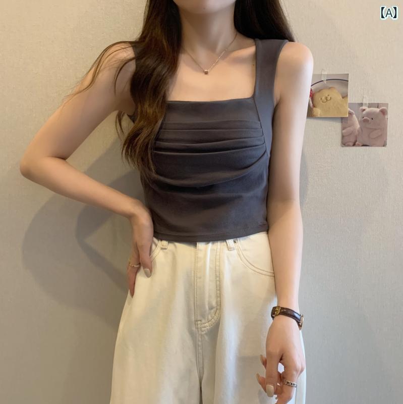 Camisoles - タンクトップ レディース 大きめサイズ 春夏 トップス インナー スクエアネック ギャザー ブラ紐隠し スリム フィット おしゃれ 無地 グレー 白 黒