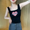 タンクトップ レディース 大きめサイズ 春夏 トップス インナー 綿 スクエアネック ショート丈 スリム フィット ソフト 快適 ブラ紐隠し おしゃれ ハート 黒 白 黄