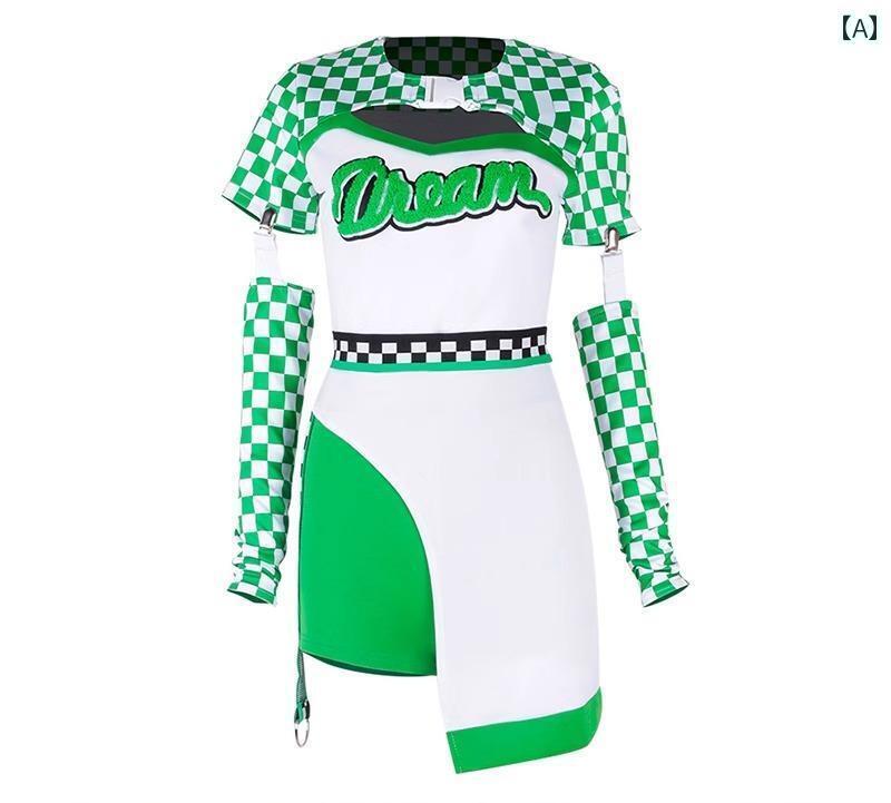 ダンスウェア レディース おしゃれ チアリーディング ジャズ チェック パフォーマンス ヘアアクセサリー 半袖 アームカバー セットアップ ショートパンツ ステージ衣装 英語 緑