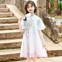 チャイナドレス 子供 夏 女の子 キッズ ジュニア 中国風 漢服 シフォン Aライン スカート ミディ丈 ワンピース タッセル 刺繍 発表会 結婚式 シンプル エレガント 青 アプリコット 花柄
