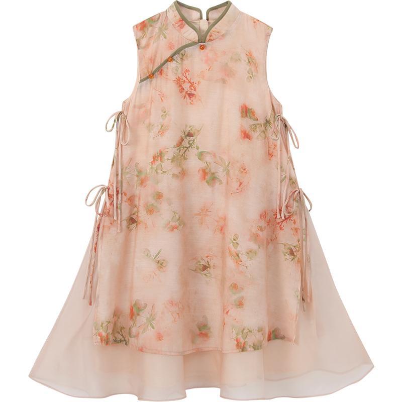 チャイナドレス 子供 春夏 女の子 キッズ ジュニア 旗袍 Aライン スカート ロング シフォン ノースリー..