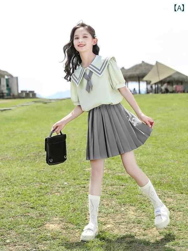 制服 コスプレ 子供 女の子 JK セーラー服 かわいい 夏 ダンス 衣装 半袖 チェック リボン プリーツスカート ピンク 青 緑 耳つき セットアップ