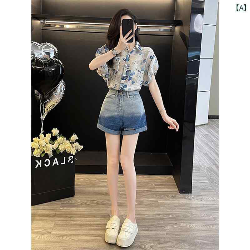 セットアップ レディース 夏 カジュアル 運動着 おしゃれ 小柄 シャツ デニム 短パン 2点セット