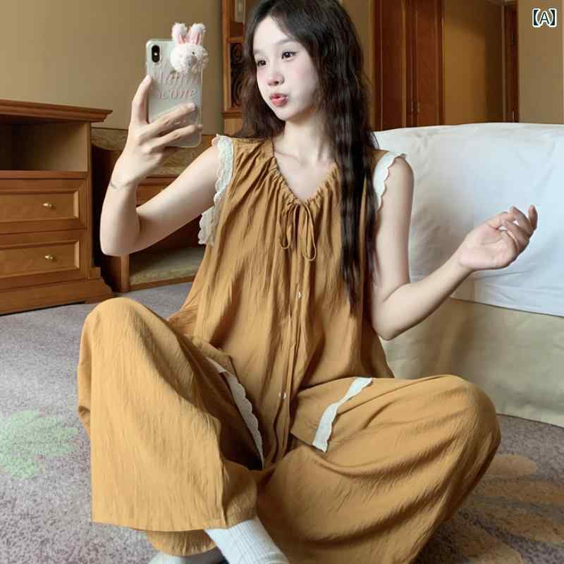 大きいサイズ パジャマ レディース ノースリーブ タンクトップ パンツ 韓国 レース ホームウェア 上下セット パジャマ レディース 大きめ ノースリーブ タンクトップ パンツ 韓国 レース 部屋着 上下セット