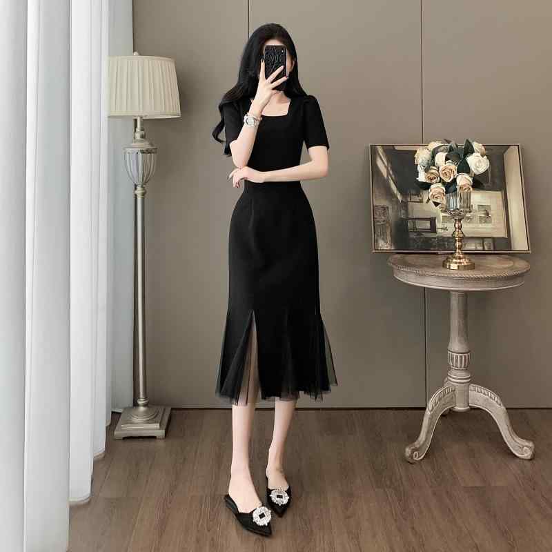 ワンピース レディース 夏 黒 スクエアネック Aライン 着痩せ アップ レトロ イブニングドレス ロングスカート