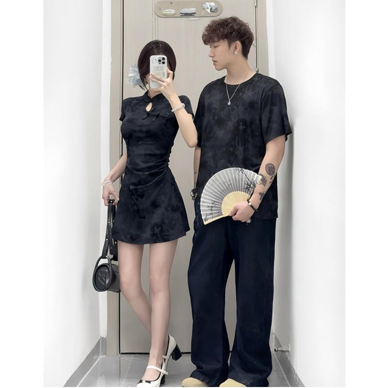 カップルウェア ペアルック メンズ レディース Tシャツ ワンピース 新中華風のチャイナドレスデザイン 高級感 個性的 半袖 クルーネック スリムフィット 花柄...