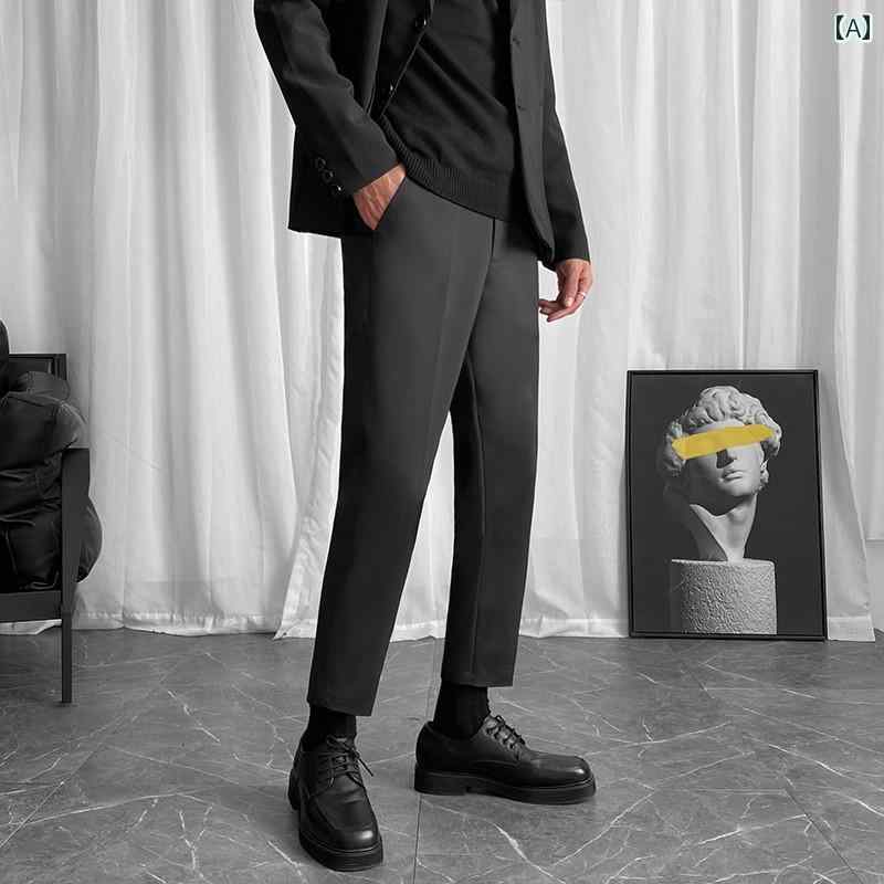 メンズ パンツ オフィス ビジネス カジュアル ダンディ 韓国 秋 ぽっちゃり 九分丈 ぽっちゃり 大きいサイズ スリムが ぶら下がっている 黒 スリム