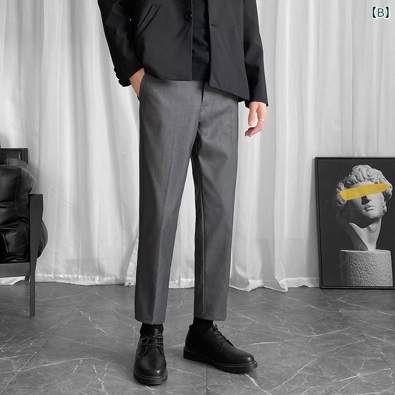 メンズ パンツ オフィス ビジネス カジュアル ダンディ 韓国 秋 ぽっちゃり 九分丈 ぽっちゃり 大きいサイズ スリムが ぶら下がっている 黒 スリム