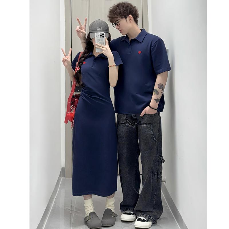 お揃い 男女兼用 半袖 Tシャツ メンズ レディース ワンピース 春夏 個性的 デザイン 韓国風 フランス風 ロング丈 Aライン ウエストを絞ったデザイン ポロ襟 ポリエステル 刺繍 カジュアル