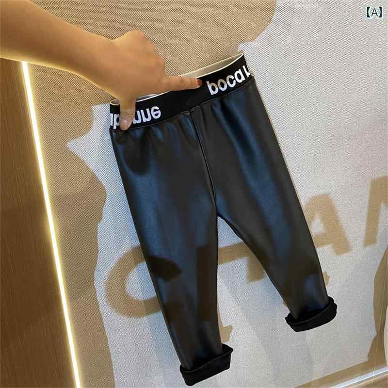 子供服 女の子 キッズ かわいい おしゃれ 冬 レザーパンツ レター ド高 ストレッチ ウエスト ワンピース 起毛 暖かい ペンシル パンツ 韓国 スリム ブーツ パンツ トレンディ