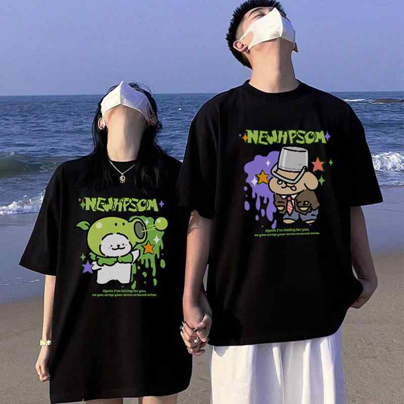 Tシャツ レディース メンズ ペアルック カップル ユニーク 半袖 綿 コットン 黒 ブラック 犬のデザイン 犬柄 ゆったり だぼっとした 高級感 春夏 普段使い カジュアル