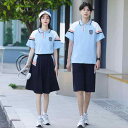 セットアップ ジュニア 小学生 中学生 子供 スクールウェア 半袖 Tシャツ 上下セット 韓国風の上品な学園スタイル 切り替え ブルー カジュアル 通学 普段使い 春夏