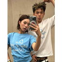 Tシャツ 男女兼用 春夏 ブルー 半袖 クルーネック オーバーサイズ ロゴプリント アメカジ カジュアル ゆったり 通気性 普段使い