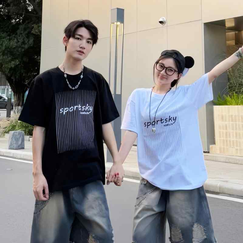 Tシャツ 男女兼用 メンズ レディース 半袖 丸首 ゆったりサイズ 縞柄 プリント シルクスクリーン 飾り..