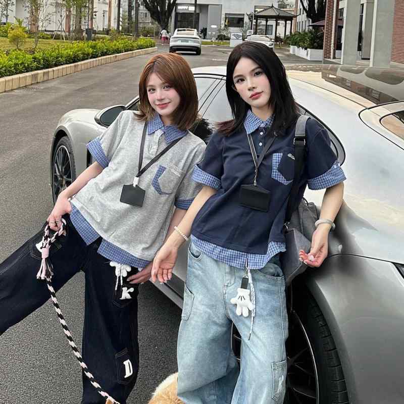 ポロシャツ 男女兼用 高級感 重ね着風 チェック柄 半袖 Tシャツ トップス ゆったり 大きめシルエット 通勤 ビジネス 普段使い カジュアル お手入れ簡単 万能 着回し 春夏 ネイビー グレー