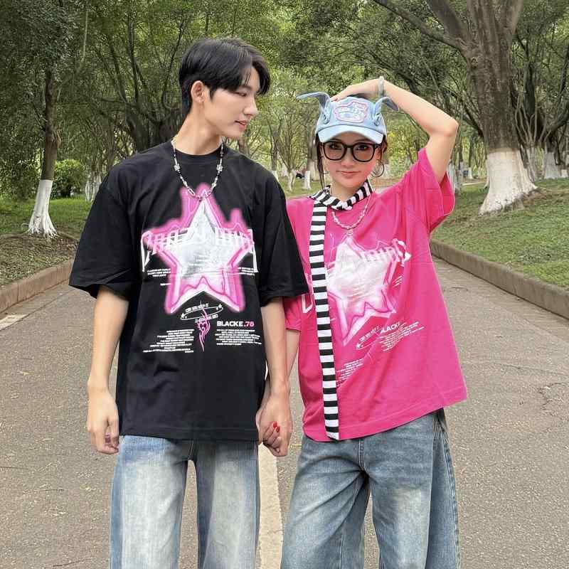Tシャツ メンズ レディース 半袖 ビッグシルエット ストリート 星 アルファベット グラフィティ プリント ピンク カップル ペア 高級感 通気性 お手入れ簡単 普段使い 春夏