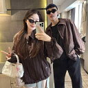 シャツジャケット 男女兼用 レトロ ブラウン ストライプ柄 長袖 ジップアップ ゆったりとしたシルエット 襟付き 高級感 シワになりにくく お手入れ簡単 普段使い カジュアル 春秋(4)