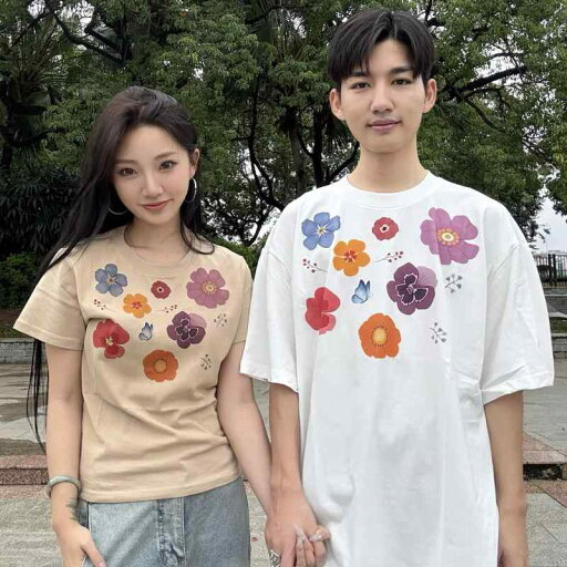Tシャツ メンズ カップル ペア 手書き風 カラフル 花柄 プリント 半袖 綿 通気性 丸首 ビッグシルエット 普段使い 白 カーキ 春夏 Tシャツ メンズ カップル ペア 手書き風 カラフル 花柄 プリント 半袖 綿 通気性 丸首 ビッグシルエット 普段使い 白 カーキ 春夏