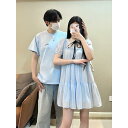 お揃い 夏 海辺の行楽地 海辺 休暇 メンズ Tシャツ レディース ワンピース 半袖 短め丈 綿 青 ラウンドネック Aライン ウエスト高め 柔らか ゆったり