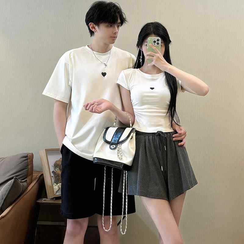 Tシャツ カップル お揃い 夏 半袖 丸首 高級感 上下セット こだわり デザイン 普段使い 木綿 ポリウレタン 象牙色 黒