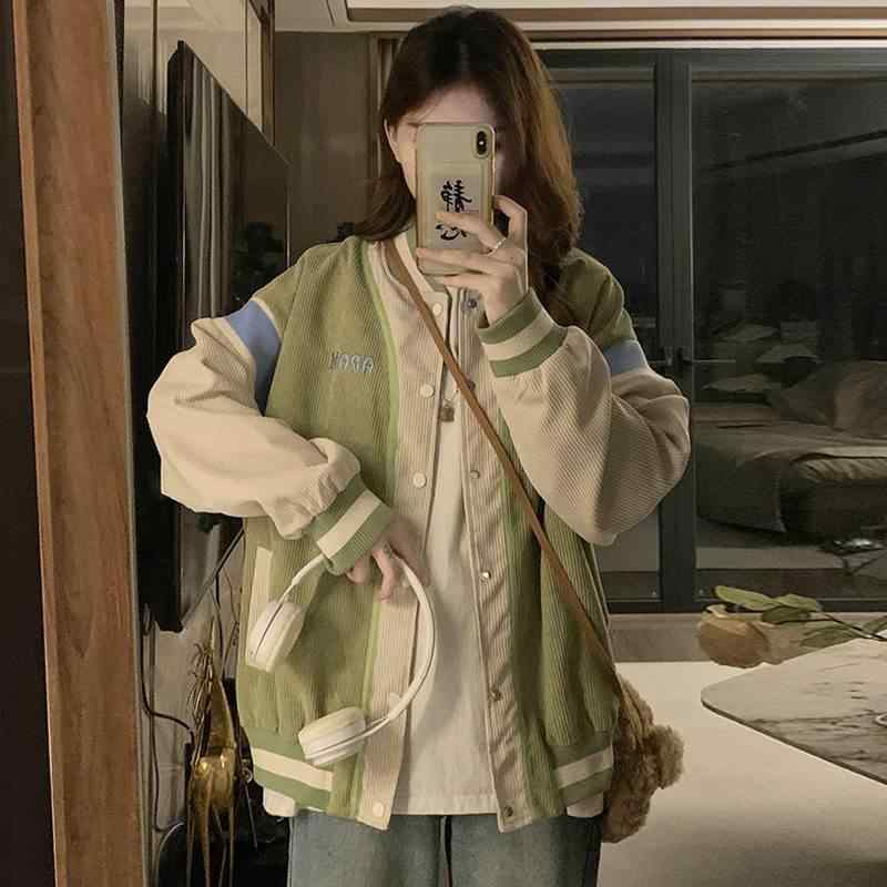 ジャケット レディース コーデュロイ ベースボールジャケット 春秋 低身長 小柄向け ゆったり スタンドカラー 長袖 切り替え デザイン 個性的 通学 学生 カジュアル 刺繍 グリーン ブラック