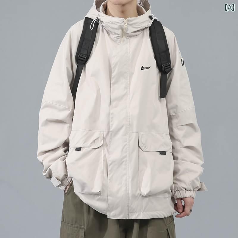 アウター メンズ 日本風 ワークジャケット アメリカンカジュアル ストリート ブルゾン ゆったり ビッグシルエット フード付き ウィンドブレーカー マルチポケット 撥水 春秋 通年