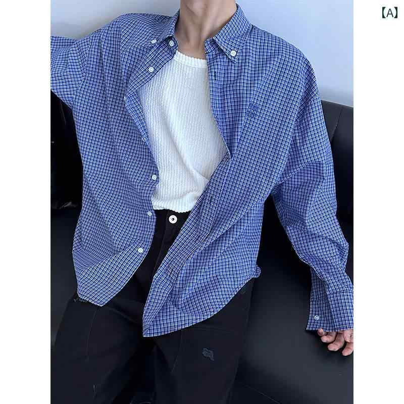 シャツ メンズ ゆったり 大きめ アメカジ 古着風 青 格子柄 長袖 刺繍 ポリエステル 通気性 通年 気軽な普段使い 着回し抜群